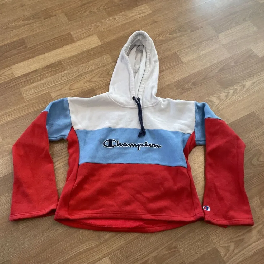 Vintage Y2K Champion Reverse Weave Color Block Cropped Hoodie Sweatshirt Size M - Picture 9 of 12